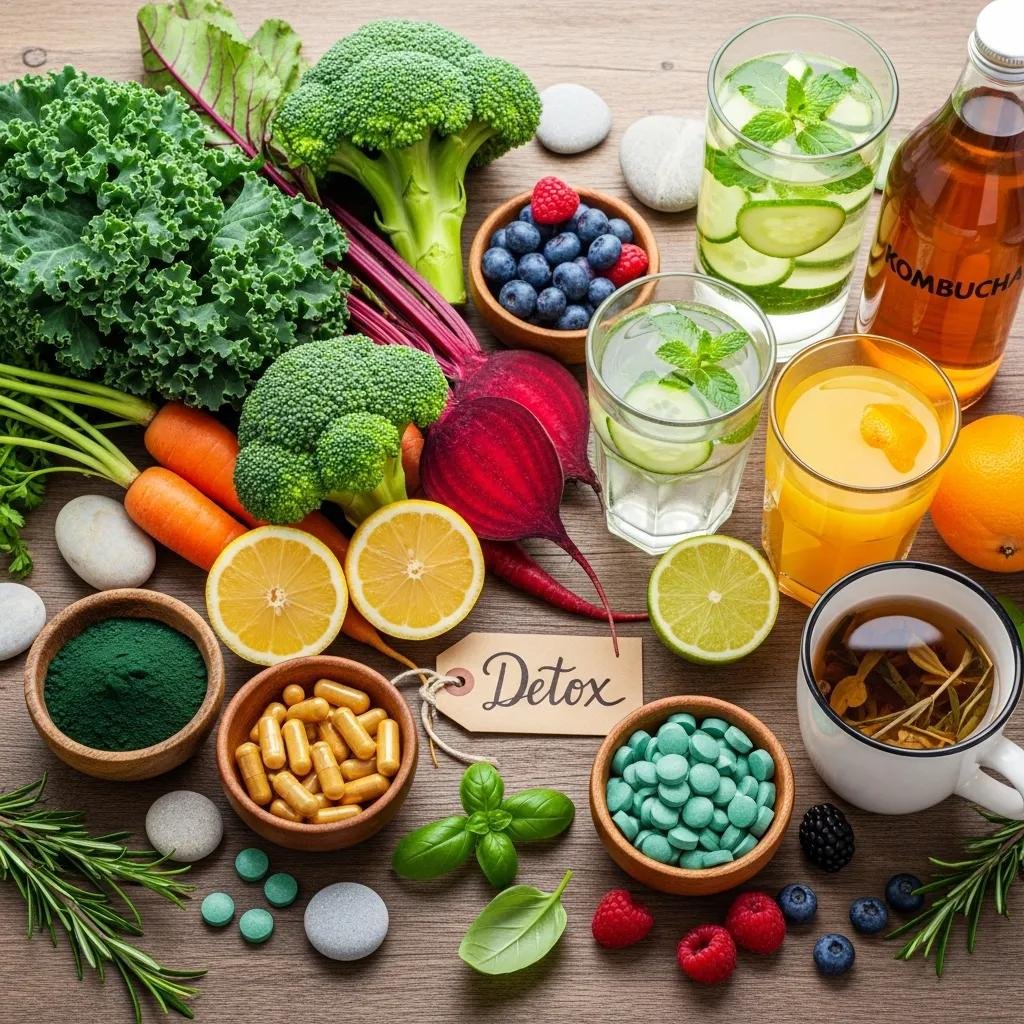 Colorful whole foods and supplements arranged to suggest liver and kidney support