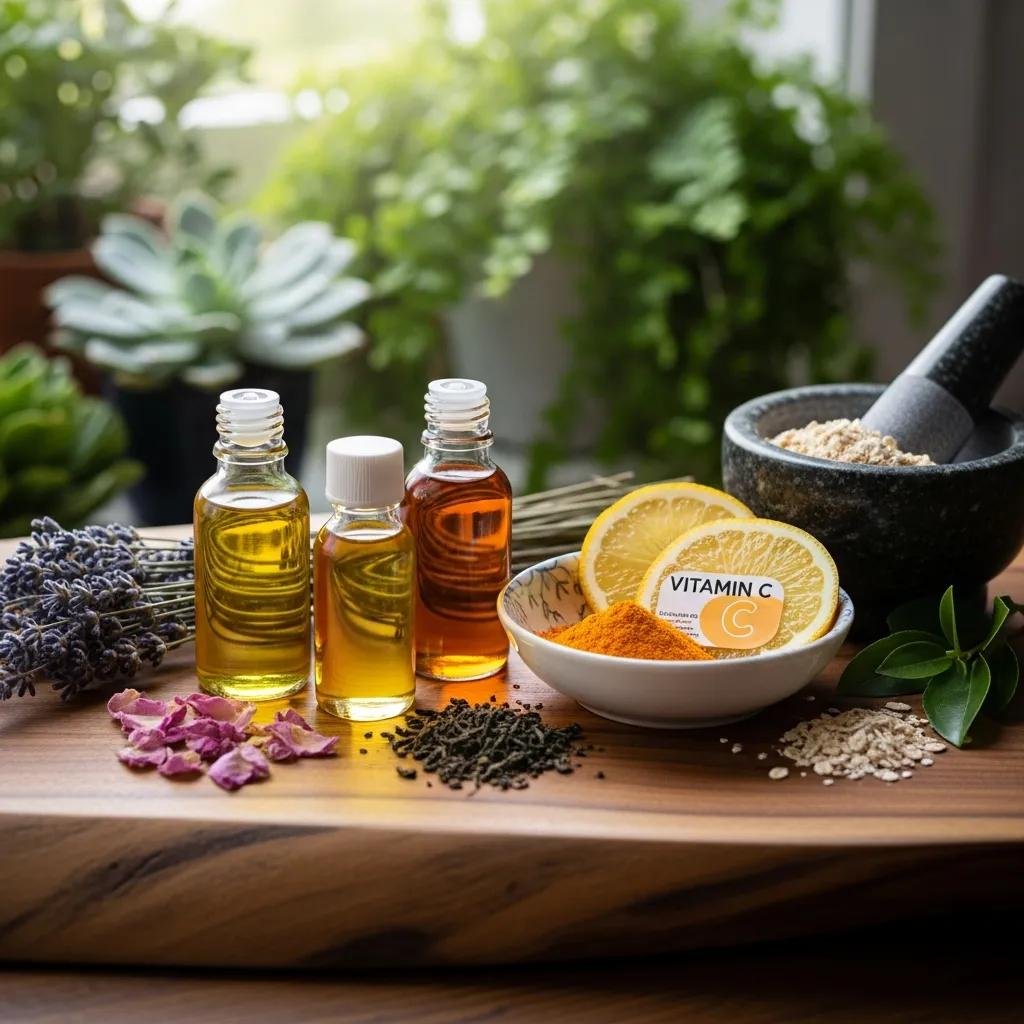 Natural skincare ingredients including jojoba oil, rosehip oil, and vitamin C on a wooden surface with greenery