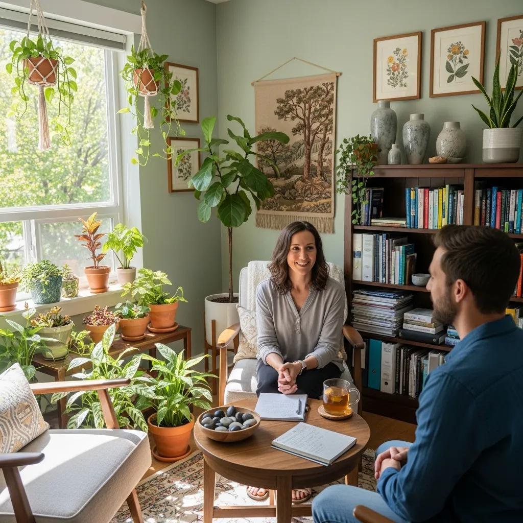 Naturopathic consultation scene showcasing a practitioner and patient in a warm, inviting office