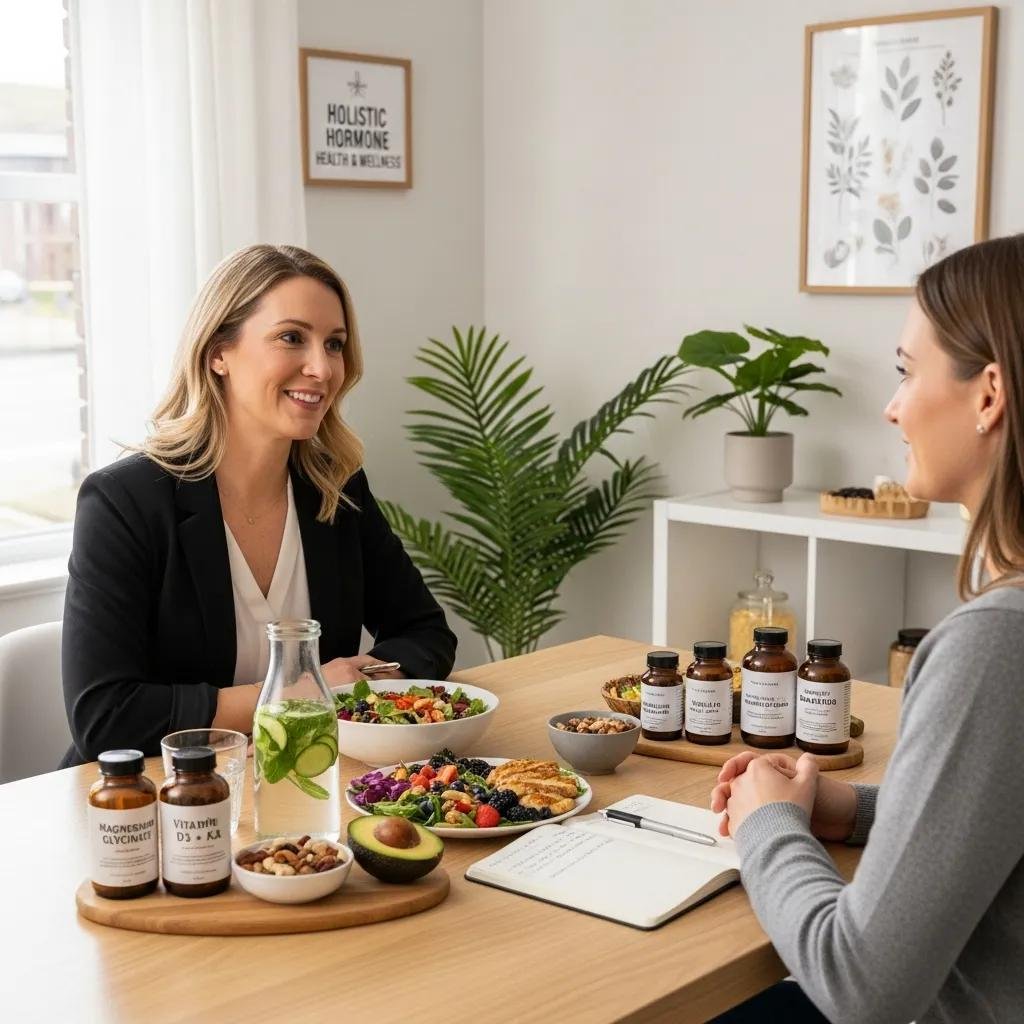 Nutritionist consulting with a client about holistic hormone optimization, featuring healthy foods and supplements on a table, in a bright, wellness-focused environment.