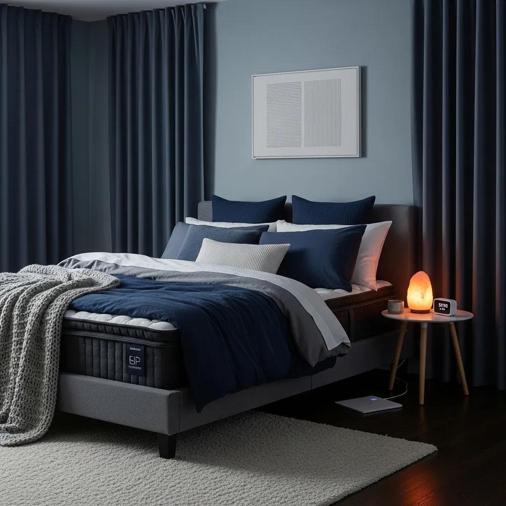 Optimized sleep sanctuary featuring a comfortable bed with layered bedding in calming blue tones, soft knit throw, and warm lighting from a bedside salt lamp, designed to enhance sleep quality and relaxation.