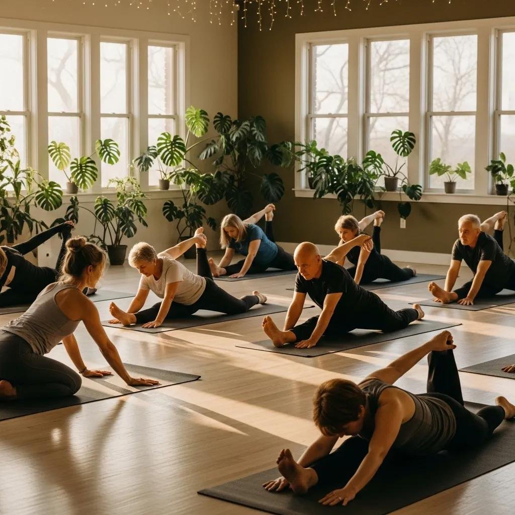 Participants in a yoga and Pilates class practicing gentle movements to enhance flexibility and joint health in a sunlit studio with plants.