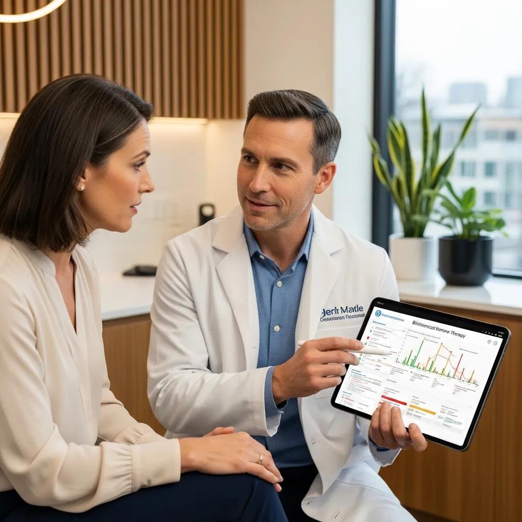 Patient and doctor discussing a personalized BHRT plan in a modern clinic setting