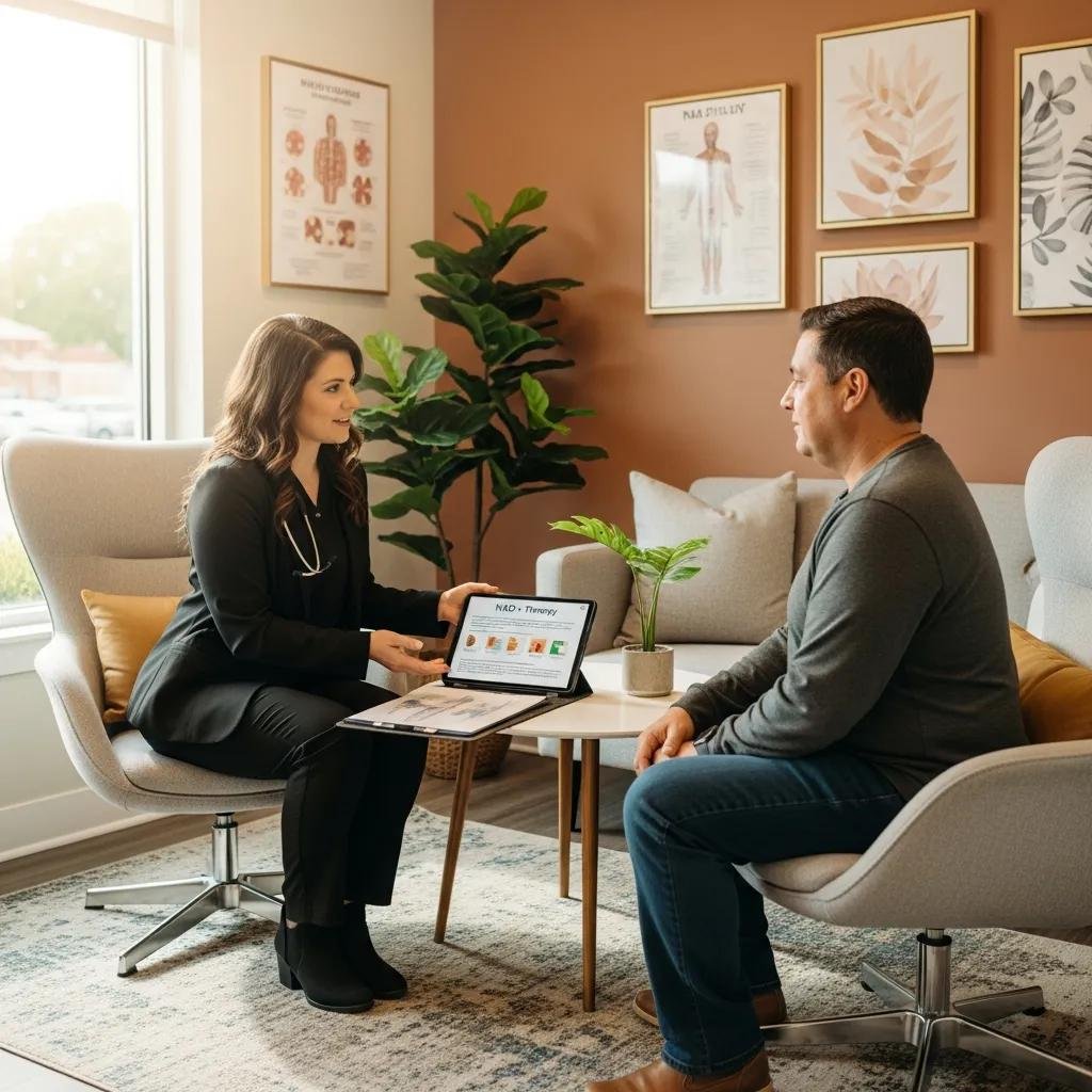 Patient consultation about NAD+ IV therapy in a welcoming clinic environment