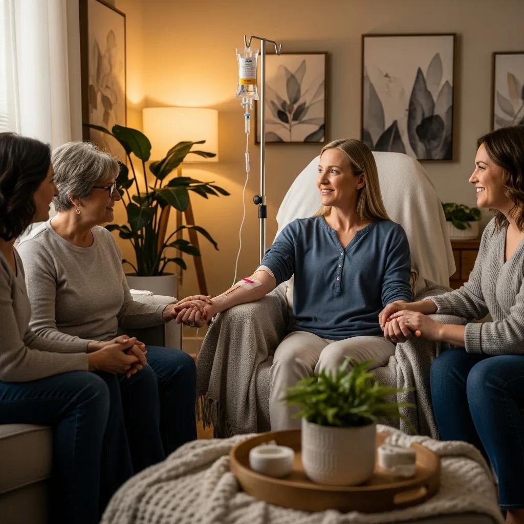 Patient receiving high-dose vitamin C IV therapy in a supportive environment, surrounded by caregivers, emphasizing emotional and physical care.