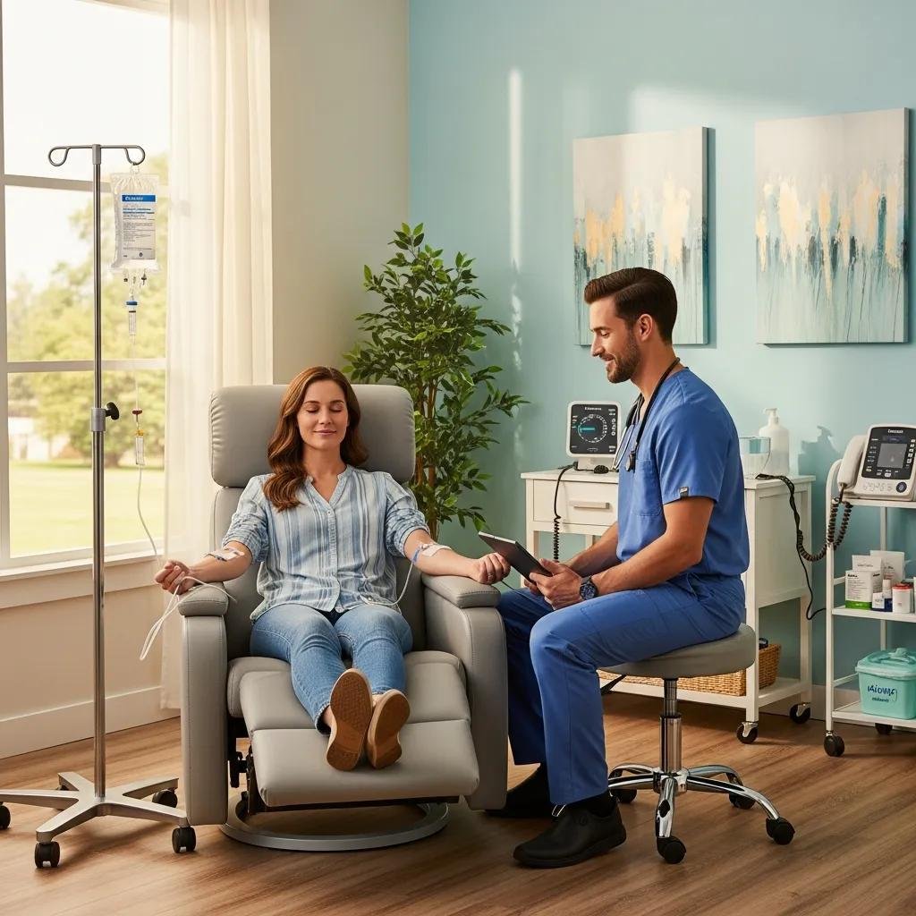 Patient receiving NAD+ IV therapy in a calming clinical environment