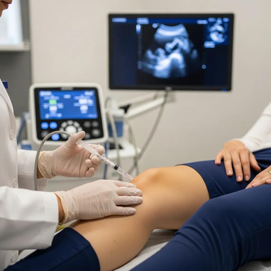 Patient receiving platelet-rich plasma therapy injection in the knee for osteoarthritis pain, with ultrasound equipment visible in a clinical setting.