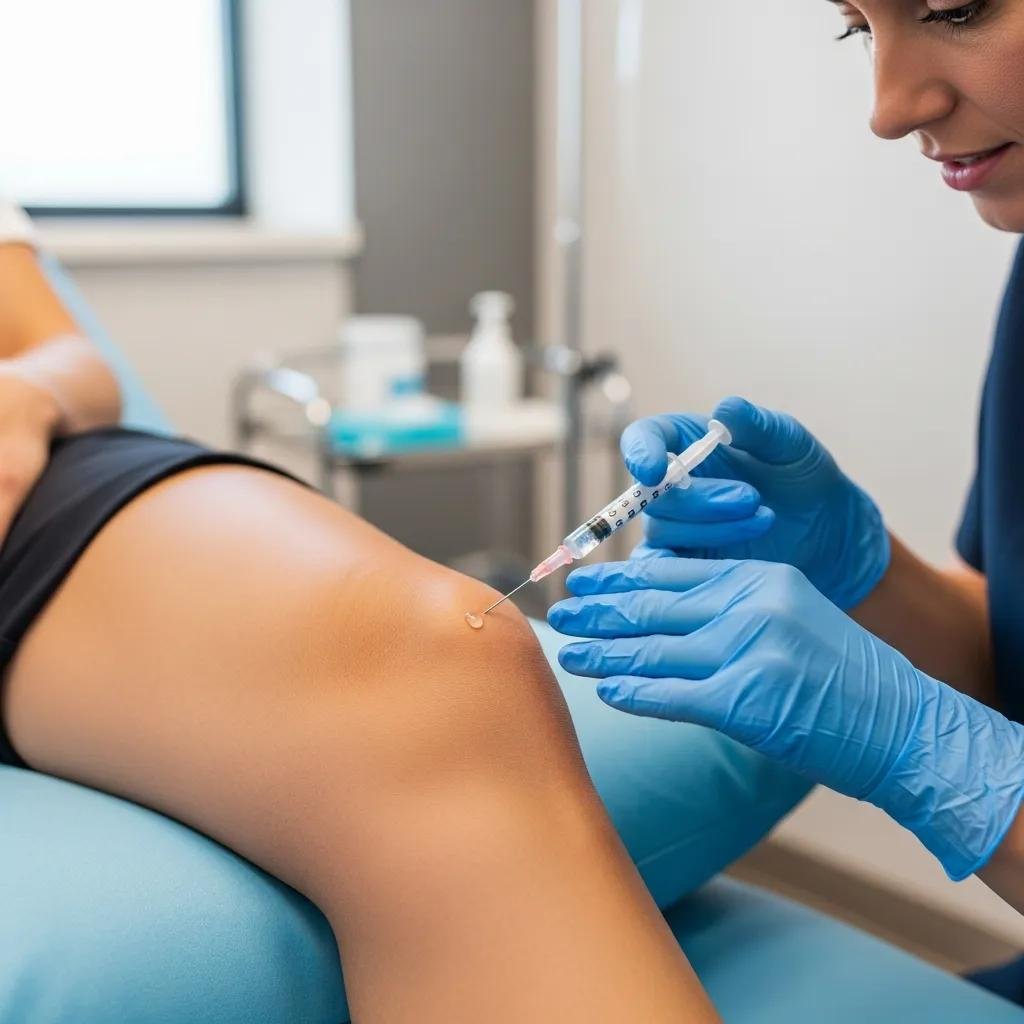Patient receiving PRP injection in knee for pain relief, healthcare professional administering treatment in clinical setting.