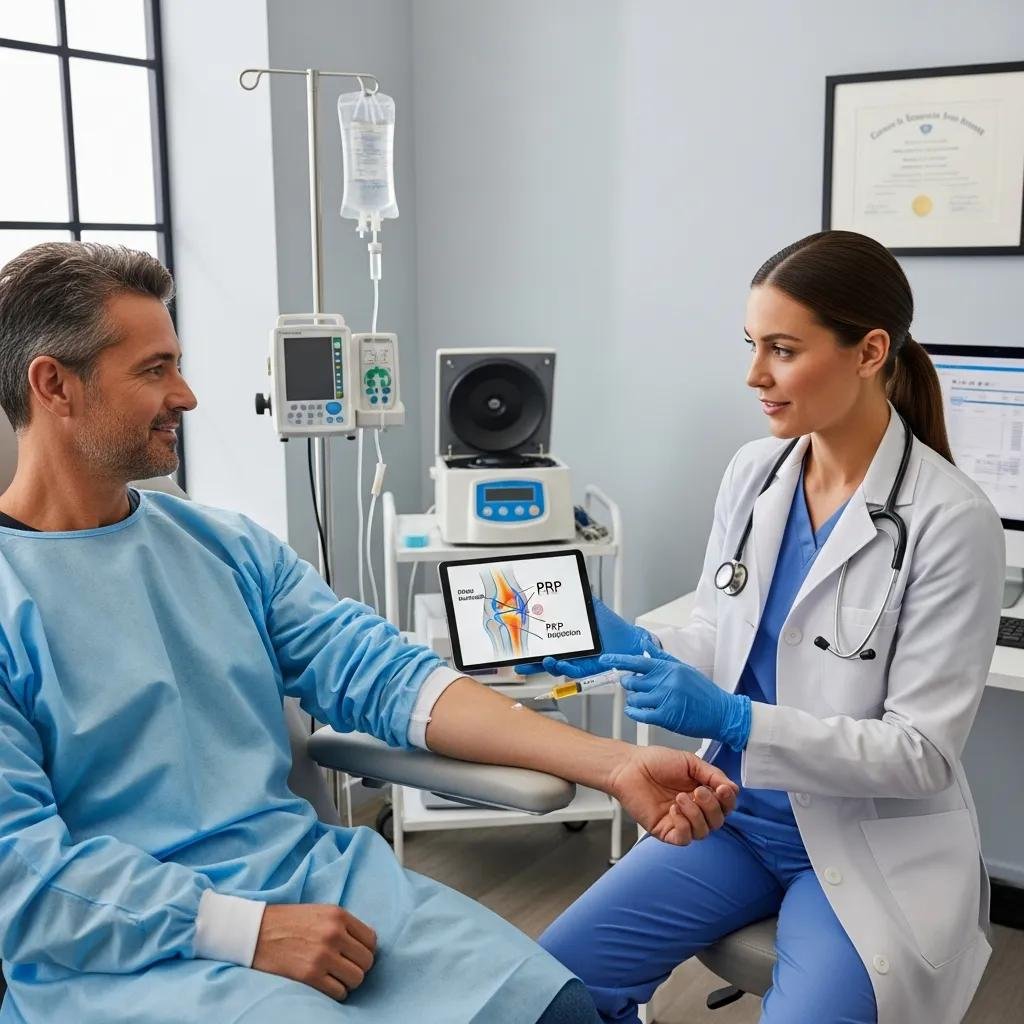 Patient receiving platelet-rich plasma (PRP) therapy in a clinical setting, discussing treatment benefits with a healthcare provider, emphasizing regenerative medicine for longevity and wellness.