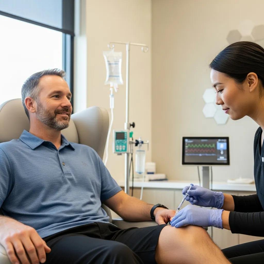 Patient receiving regenerative therapy injection in modern clinic, healthcare professional administering treatment, focus on improving function and reducing pain.