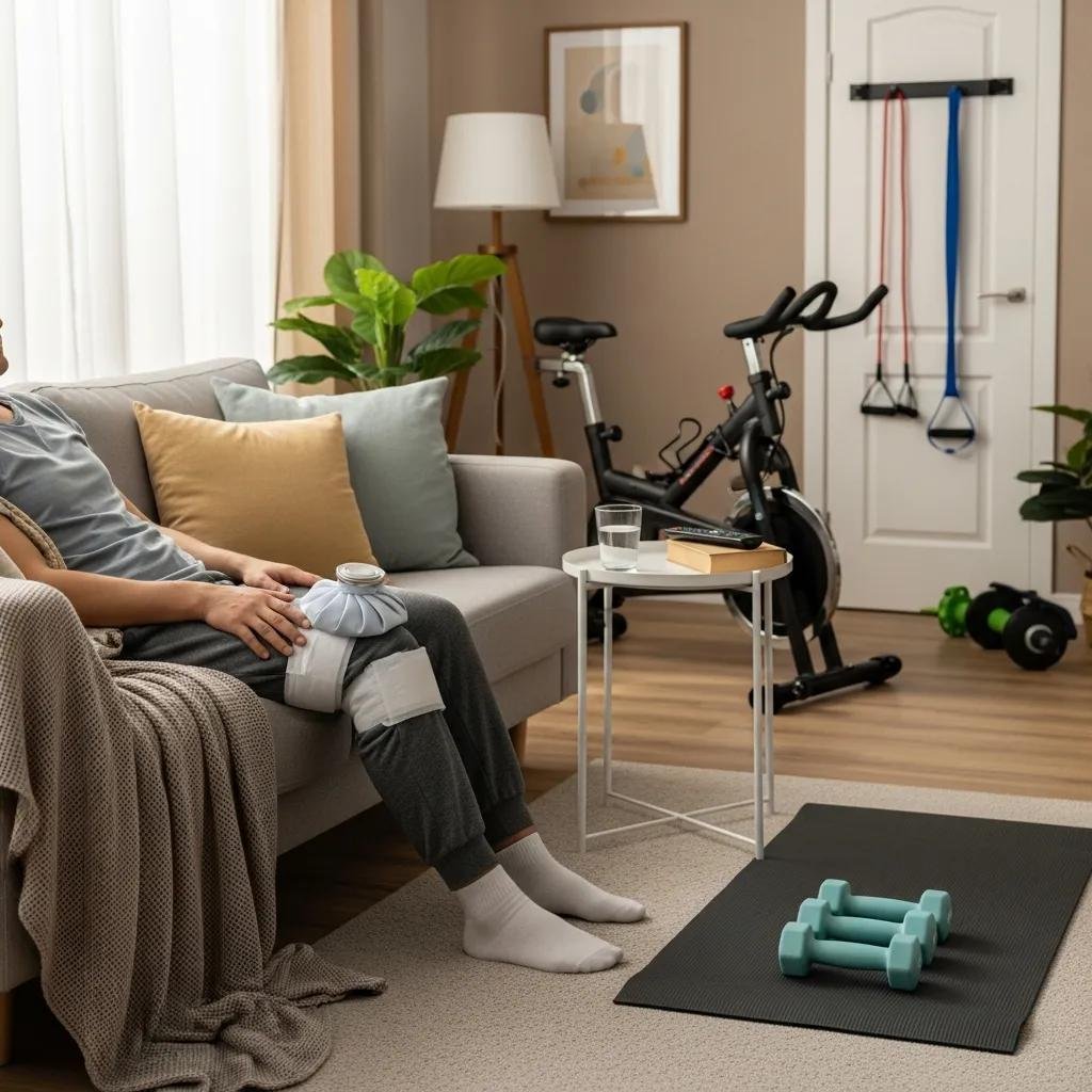 Patient recovering after PRP injection, applying ice pack to knee, in a comfortable home setting with exercise equipment nearby.