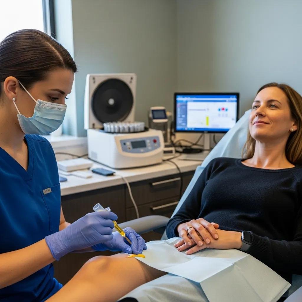 Patient undergoing Platelet-Rich Plasma therapy in a modern clinic setting, with a healthcare professional administering treatment.