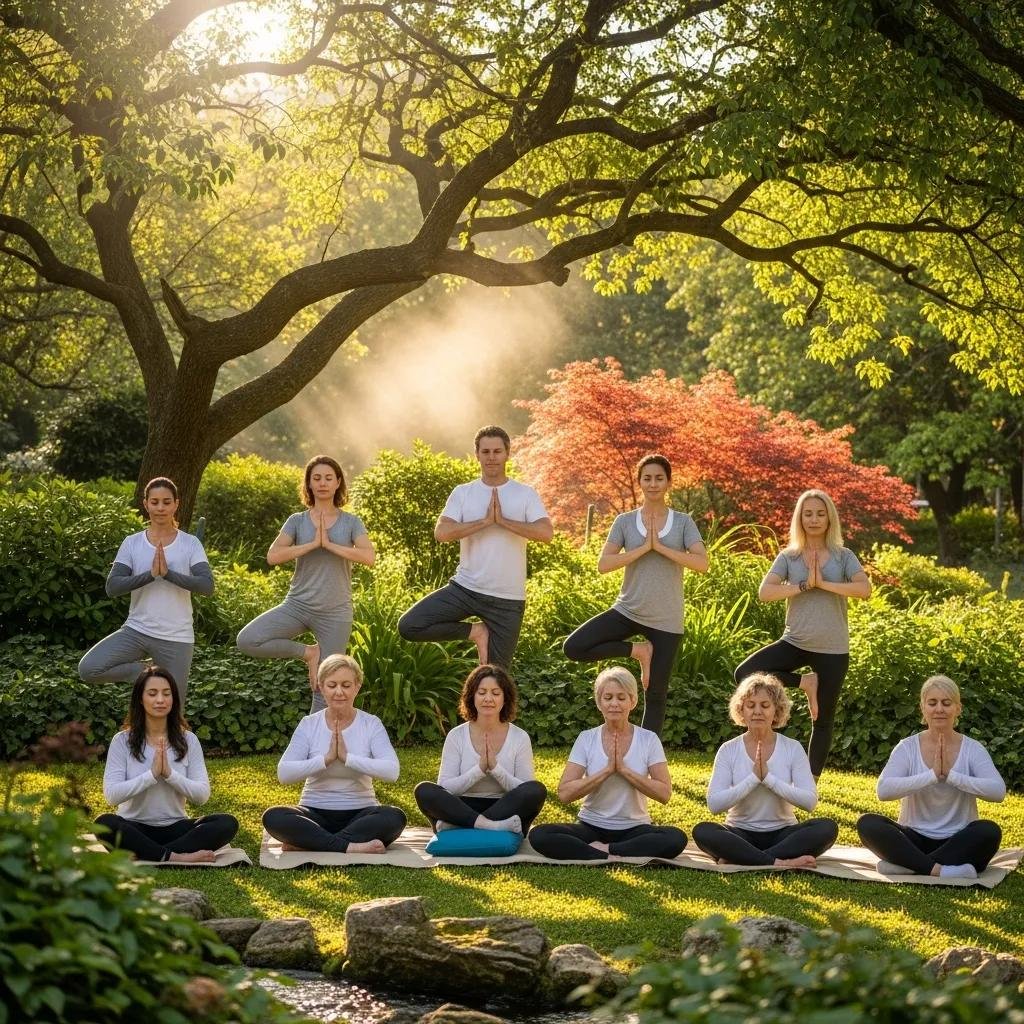 Patients participating in a holistic wellness program outdoors, engaging in yoga and meditation, surrounded by lush greenery and natural light, emphasizing mind-body resilience and wellness in cancer care.