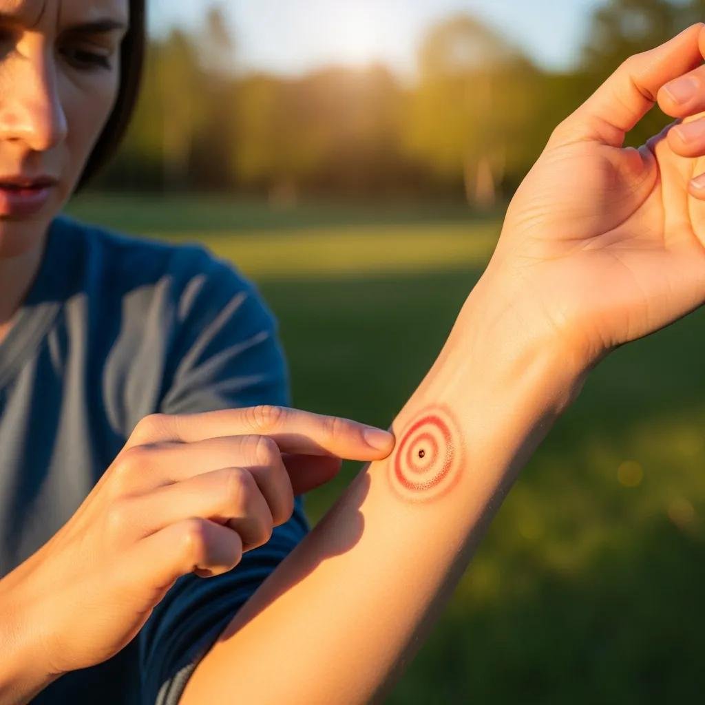 Person examining erythema migrans rash on arm outdoors, highlighting early Lyme disease symptoms in a natural setting.