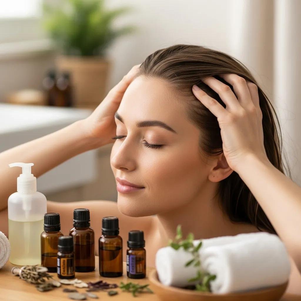 Person massaging scalp with natural products in a serene bathroom, highlighting scalp health for hair growth