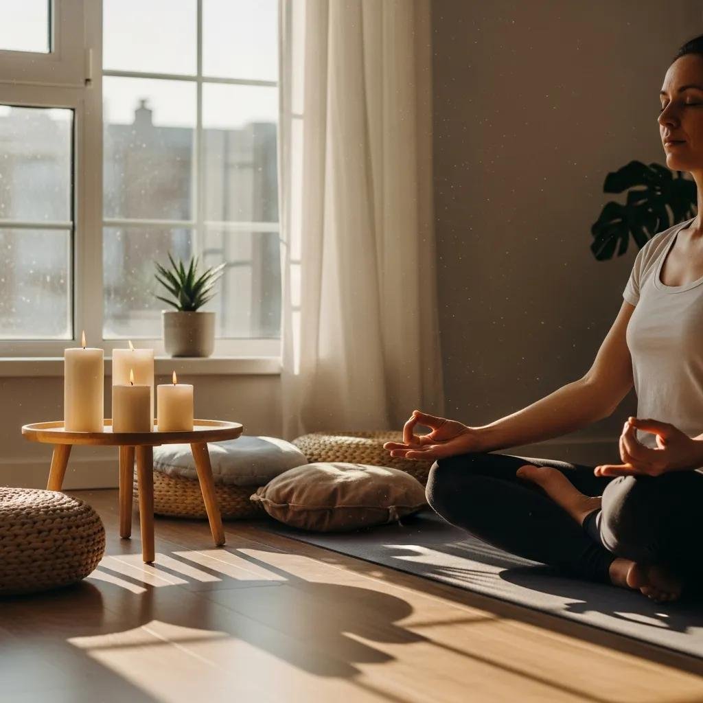 Person meditating in a sunlit room with candles and cushions, illustrating mind-body practices for improving morning clarity and focus.