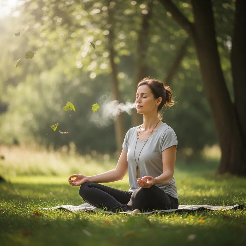 Person practicing breathwork outdoors in a serene natural setting