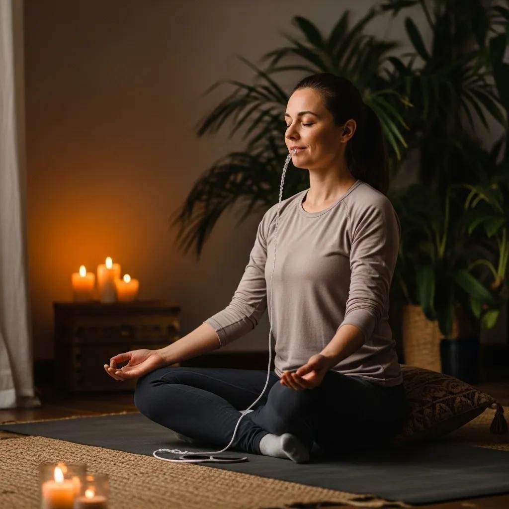 Person practicing the 4-7-8 breathing technique in a cozy indoor setting with candles, focusing on relaxation and stress relief.