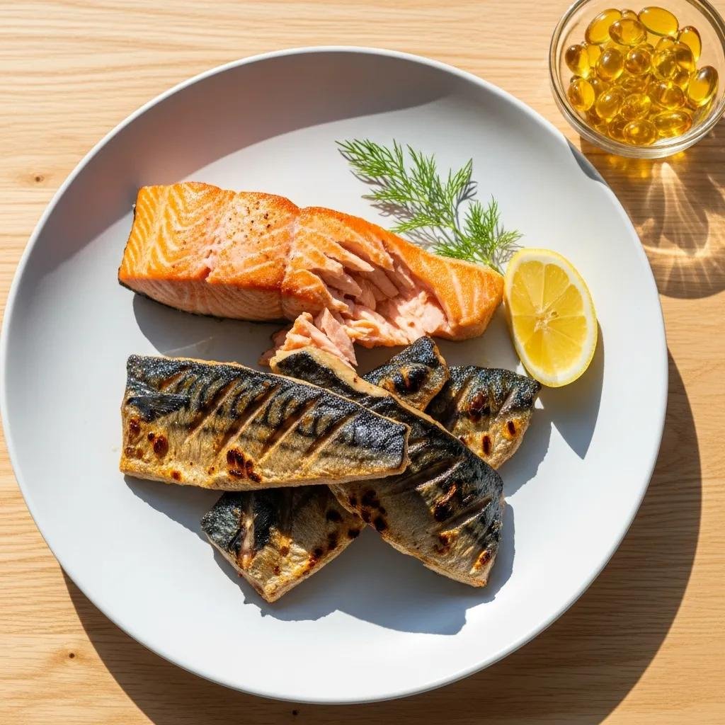 Fatty fish and algal oil capsules illustrating omega‑3 benefits for joint inflammation
