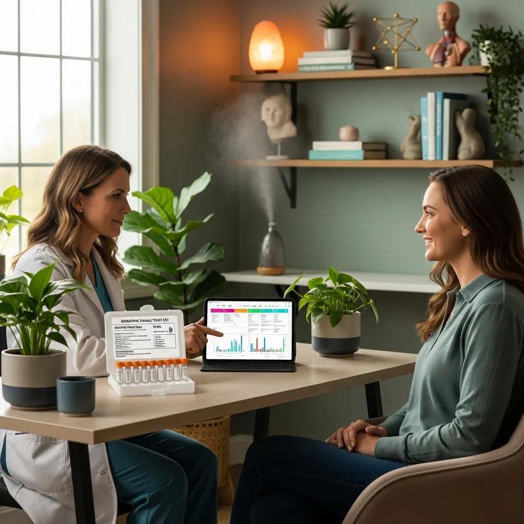 Practitioner conducting a holistic wellness exam with advanced diagnostic tools, discussing health data on a tablet with a patient in a serene, plant-filled office.