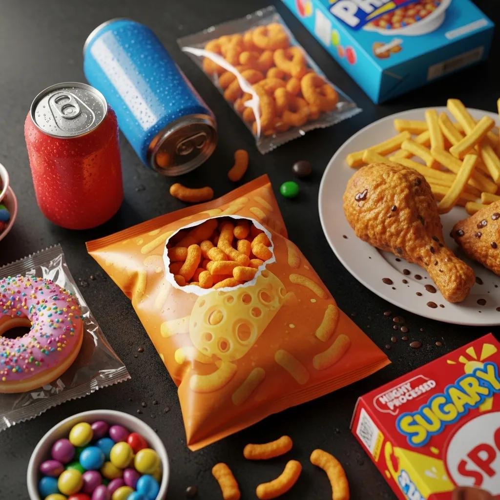 Selection of unhealthy foods including sugary drinks, processed snacks, fried foods, and a donut, representing dietary choices to limit for reducing inflammation.