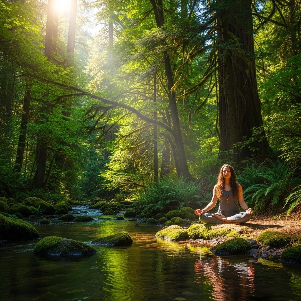 Person practicing mindfulness meditation by a serene river in a lush green forest, emphasizing the healing power of nature and holistic wellness.