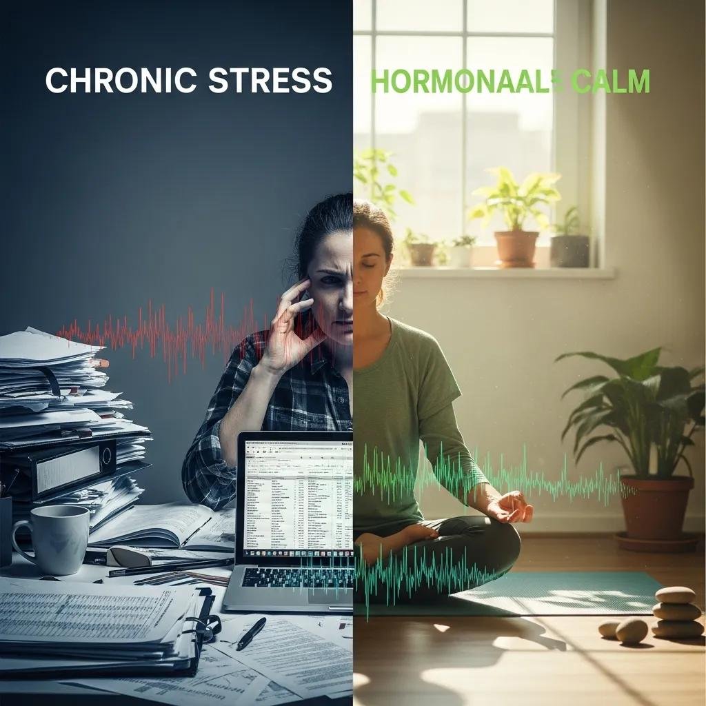 Split image contrasting chronic stress and hormonal calm, featuring a stressed individual at a cluttered desk with paperwork and a laptop on the left, and a serene person practicing yoga in a peaceful setting with plants on the right, illustrating the impact of stress on hormonal balance and health.