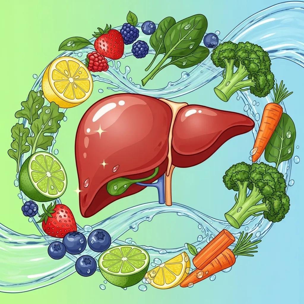 Illustration of a healthy liver with supportive elements for detoxification