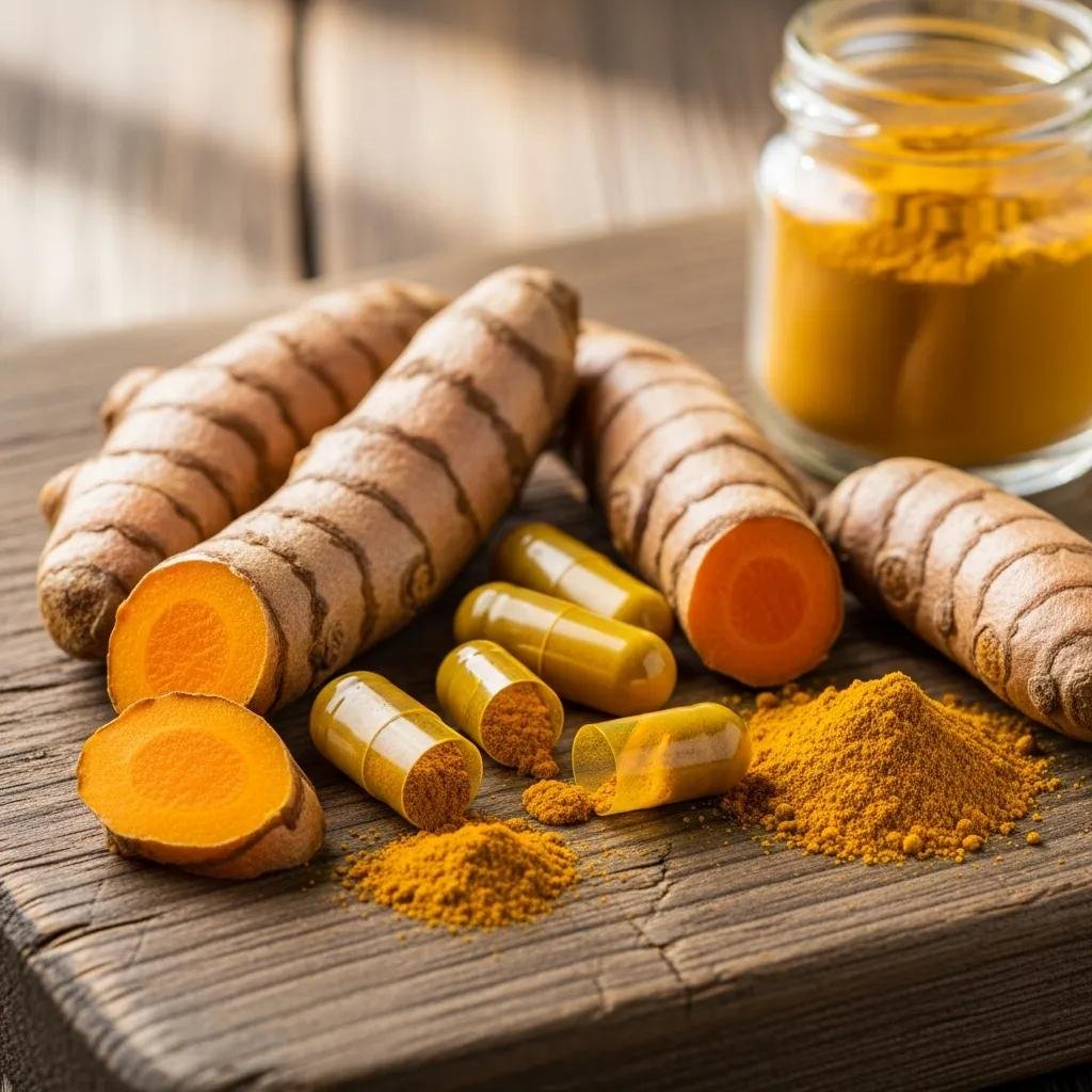 Turmeric roots and curcumin capsules highlighting turmeric’s natural anti‑inflammatory properties