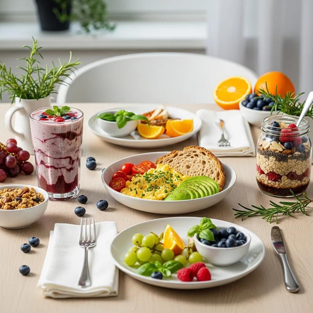 Variety of nutrient-rich breakfast options including a smoothie, scrambled eggs with avocado and tomatoes, fresh fruits, and granola, promoting energy and productivity for holistic wellness.