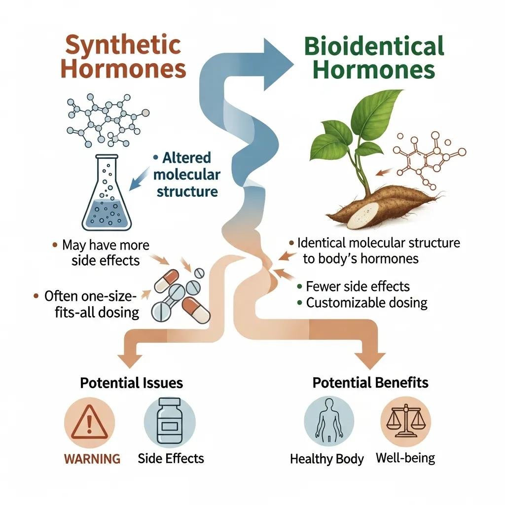 Illustration highlighting the structural and clinical differences between synthetic and bioidentical hormones