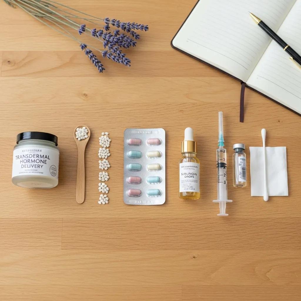 Transdermal hormone delivery jar, wooden spoon with hormone pellets, blister pack of capsules, dropper bottle, syringe, vial, cotton swab, and notebook with pen, illustrating various bioidentical hormone therapy delivery methods.