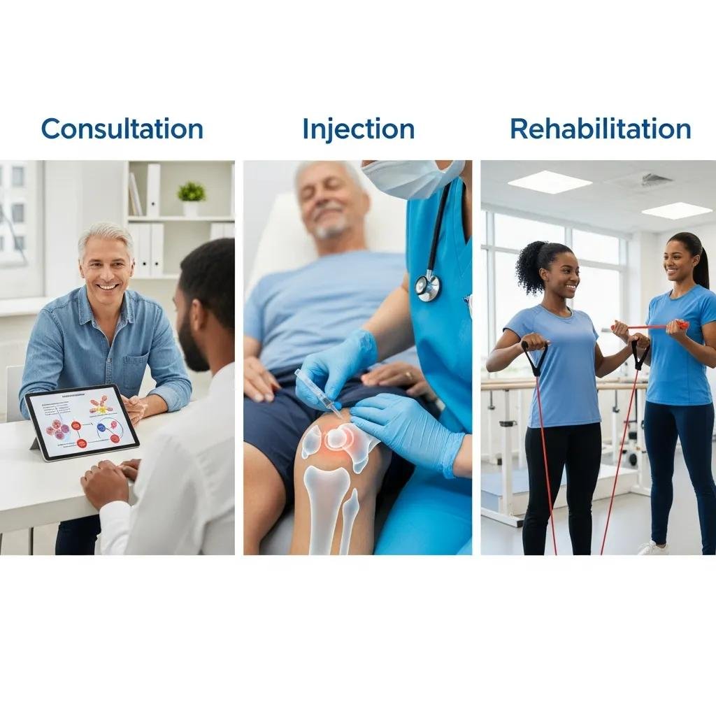 Visual representation of patient journey through exosome therapy, featuring consultation, injection procedure, and rehabilitation stages for tendon and ligament repair.