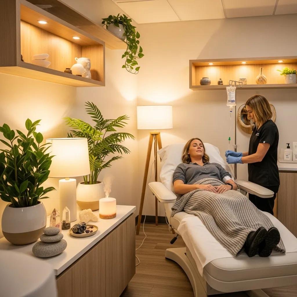 Wellness clinic environment with a patient receiving IV nutrient therapy, emphasizing integrative treatment for chronic fatigue