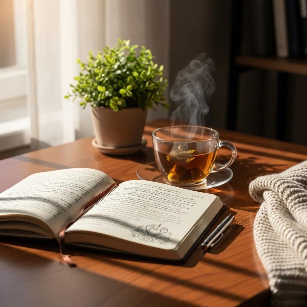 A tranquil workspace with a journal and pen, symbolizing mental clarity and emotional processing