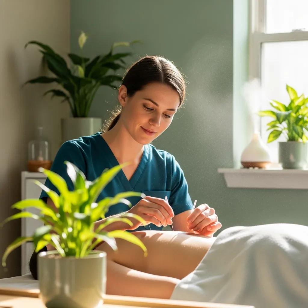 Acupuncture treatment scene with a practitioner inserting needles into a patient's back in a calming clinic environment