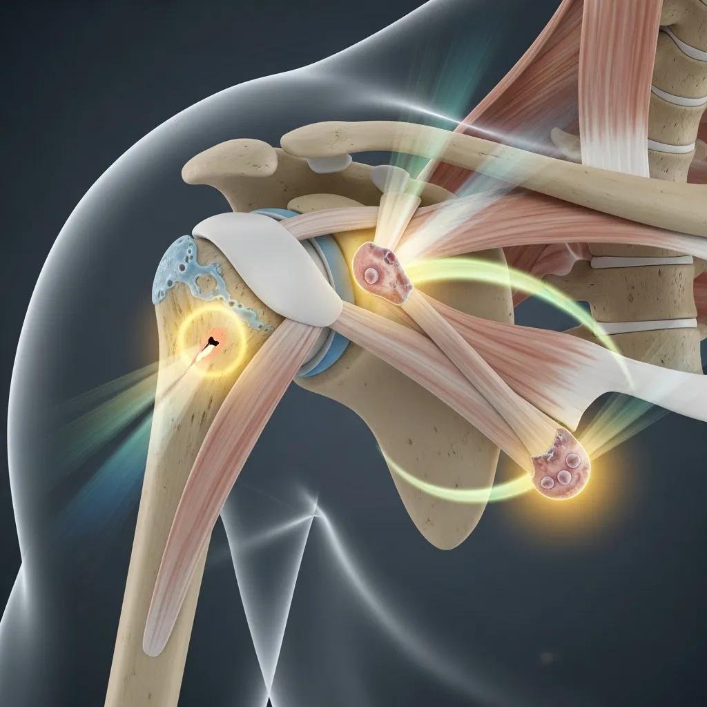 Medical illustration of a shoulder joint showing tendon, labrum, and cartilage areas commonly treated with regenerative medicine