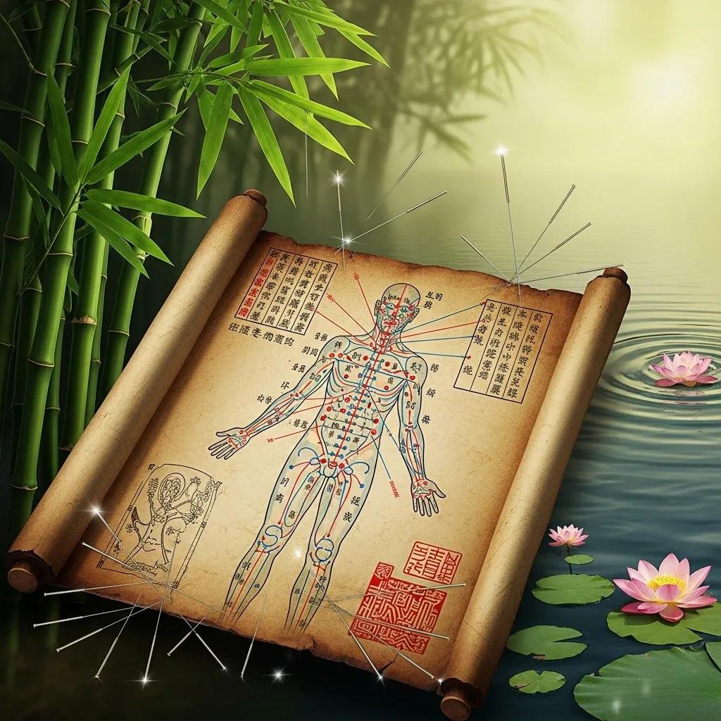 Illustration suggesting historical acupuncture texts and meridian diagrams