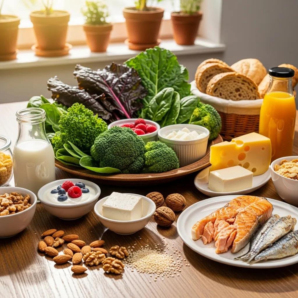 Selection of bone-friendly foods—leafy greens, dairy alternatives, fatty fish, nuts—supporting osteoporosis prevention