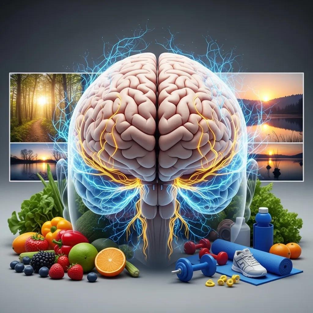 Illustration of neural connections with surrounding healthy lifestyle elements