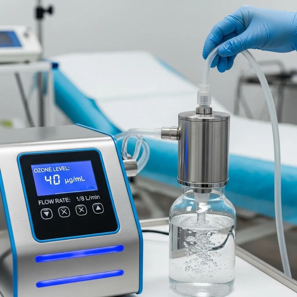Medical-grade ozone generator on a treatment cart in a clinical space, demonstrating ozone therapy equipment