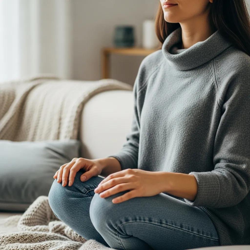 Close-up of a person practicing mindful breathing in a cozy indoor setting