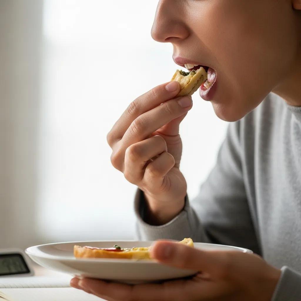 A close-up moment of someone pausing to notice food details while practicing mindful eating to support digestion