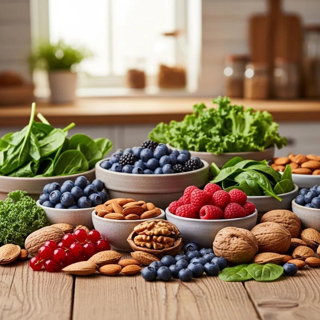 Colorful assortment of antioxidant-rich foods including berries, leafy greens, and nuts on a wooden table, promoting healthy skin.