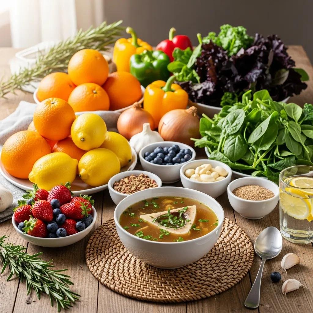 Colorful assortment of foods rich in collagen-boosting nutrients including citrus, berries, and greens