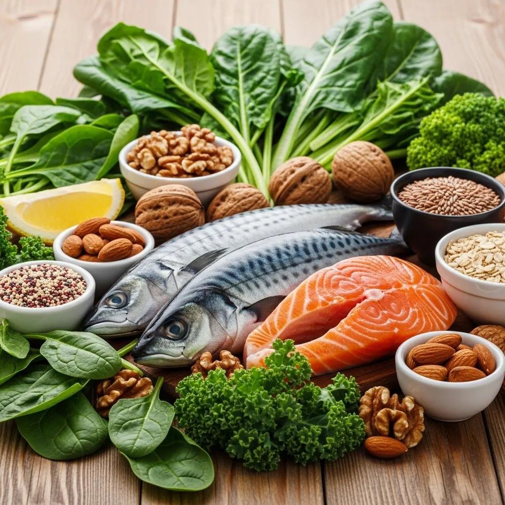 A colorful spread of whole foods — vegetables, fish, nuts — representing nutrition for anxiety management