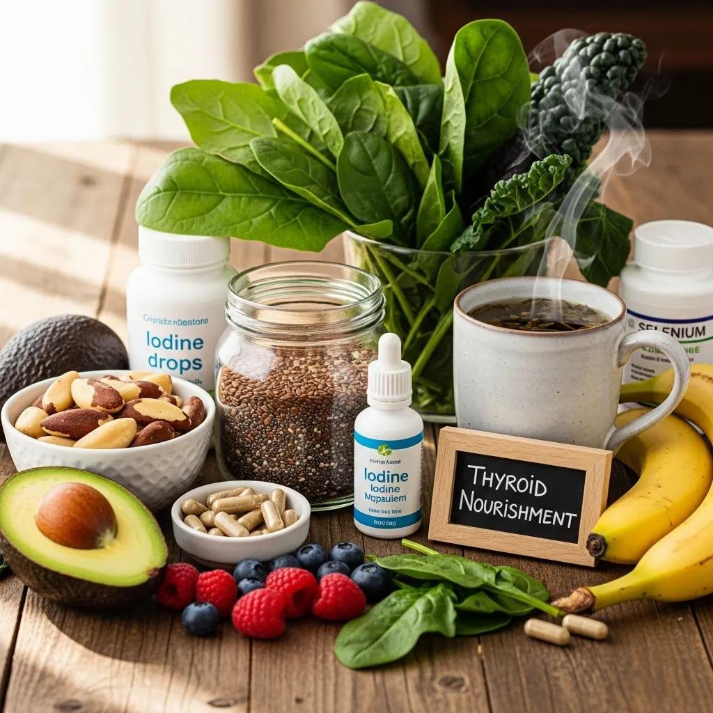 Natural supplements and whole foods arranged to support thyroid function and nutrient repletion
