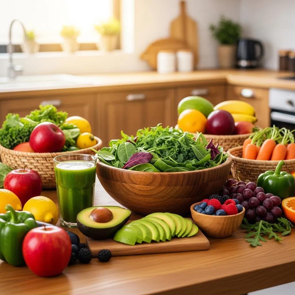 Colorful fruits and vegetables in a kitchen, representing integrative nutritional therapy and healthy living