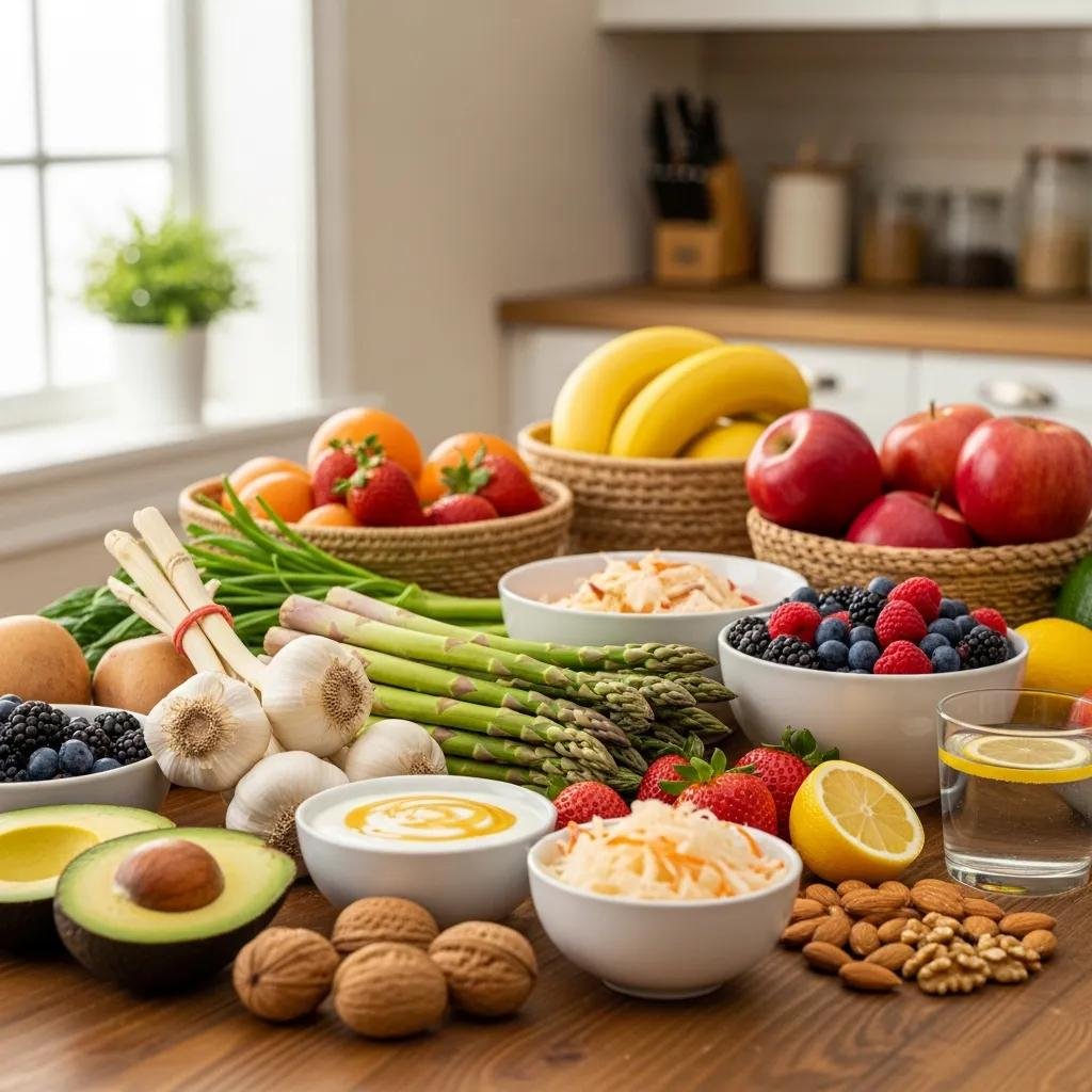Colorful fruits and vegetables promoting gut health and wellness