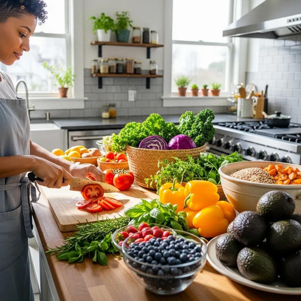 Bright kitchen scene emphasizing whole‑food nutrition as part of holistic care